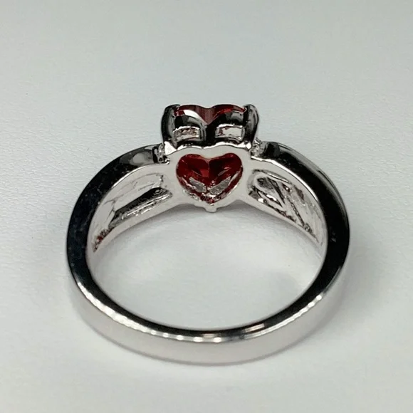 Red CZ Heart Ring With Clear Accent Stones, Silver Color, Size 7, Love - Picture 5 of 6